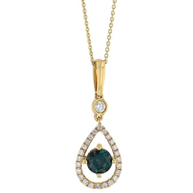 Alexandrite & Diamond Open Teardrop Halo Pendant in Yellow Gold