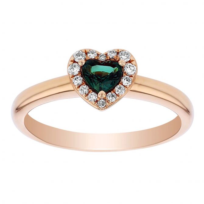 Heart Shaped Alexandrite & Diamond Halo Ring in Rose Gold