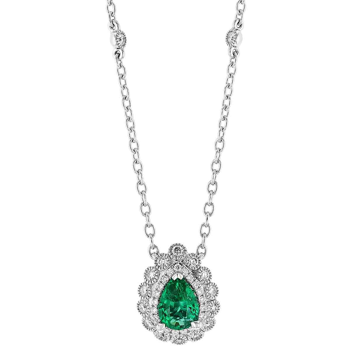 Pear Shaped Emerald Diamond Milgrain Halo Pendant In White Gold