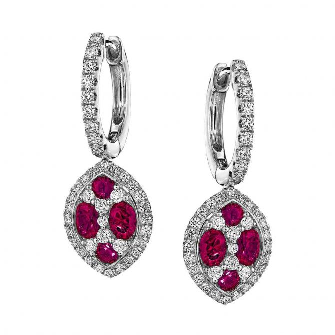 Ruby & Diamond Cluster Navette Dangle Huggie Earrings in White Gold