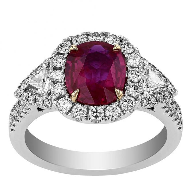 Cushion Ruby & Trillion Diamond 3 Stone Halo Ring in White Gold