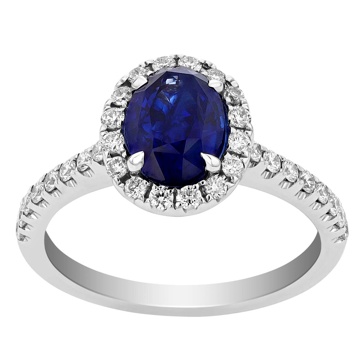 Oval Sapphire Ring with Diamond Halo & Side Stones in White Gold ...