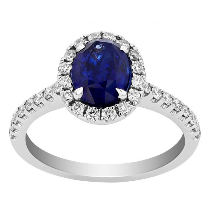 Oval Sapphire Ring with Diamond Halo & Side Stones in White Gold