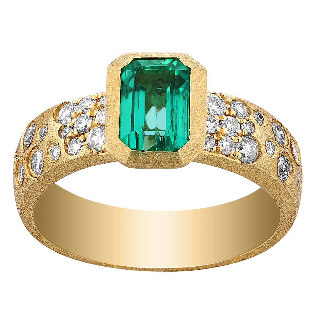 Emerald Cut Emerald Bezel Set Ring in Satin Yellow Gold with Flush Set