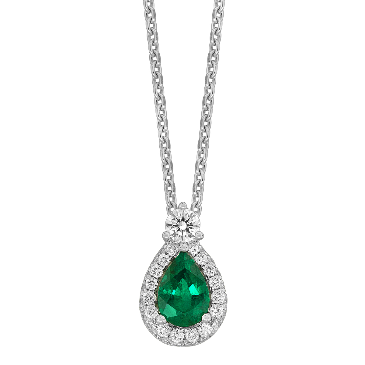 Pear Shaped Emerald & Diamond Halo Pendant in White Gold, 17