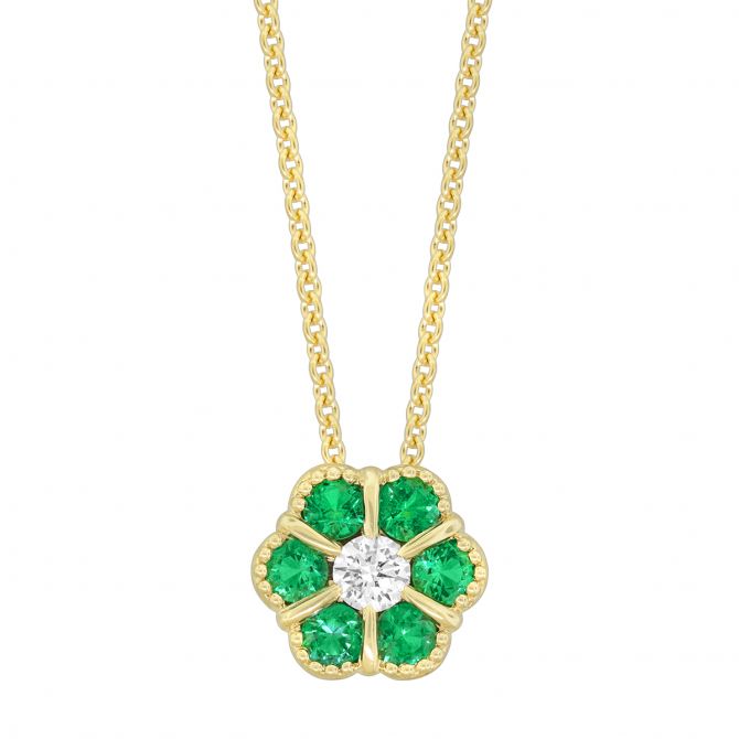 Emerald & Diamond Flower Necklace with Milgrain in Yellow Gold, 17"