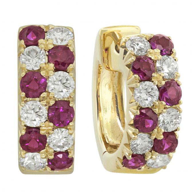 Ruby & Diamond 2 Row Huggie Hoop Earrings in Yellow Gold