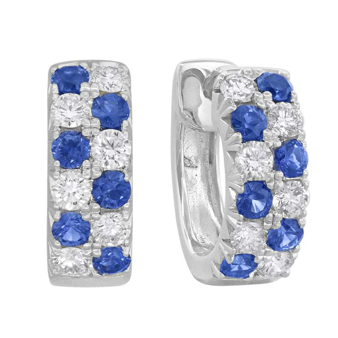 Sapphire & Diamond Alternating 2 Row Huggie Hoop Earrings in White Gold