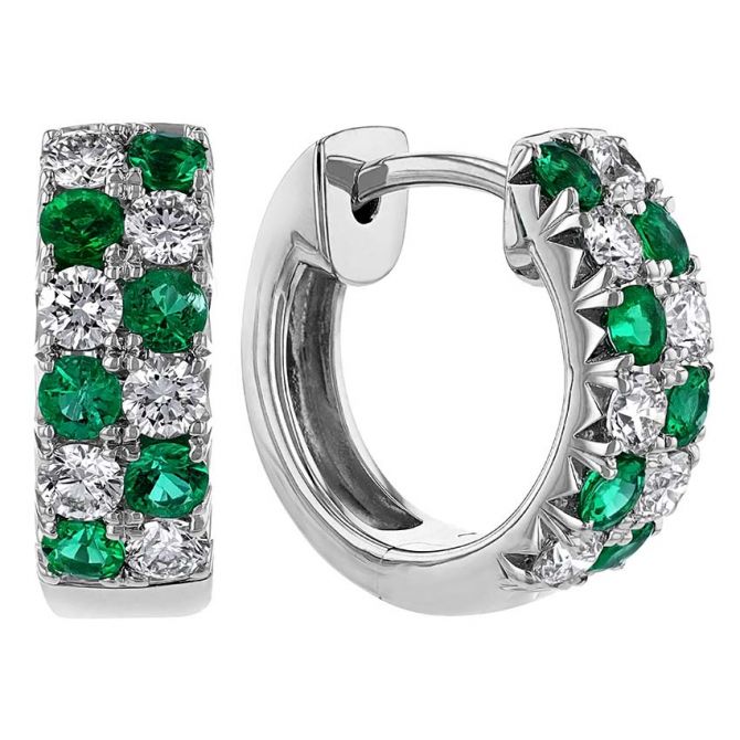 Emerald & Diamond 2 Row Huggie Hoop Earrings in White Gold