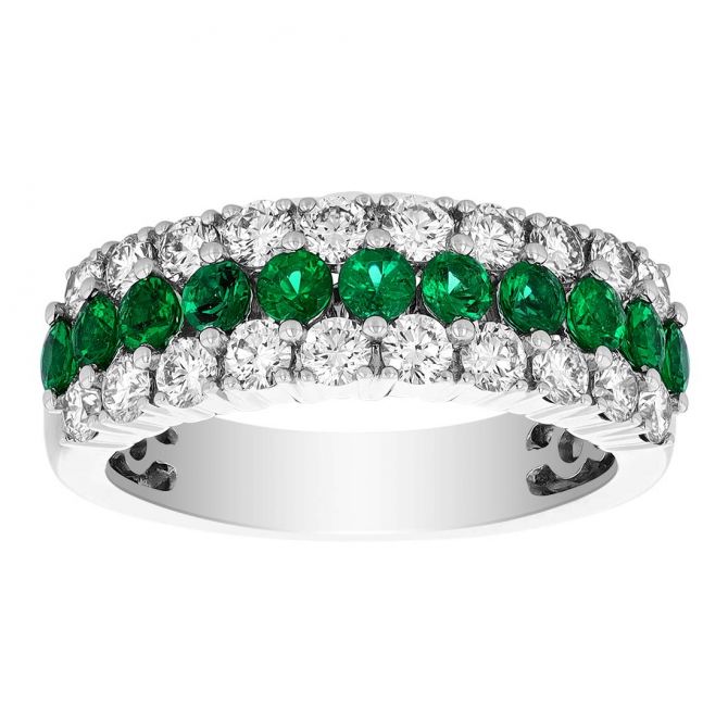 Emerald & Diamond 3 Row Band Ring in White Gold