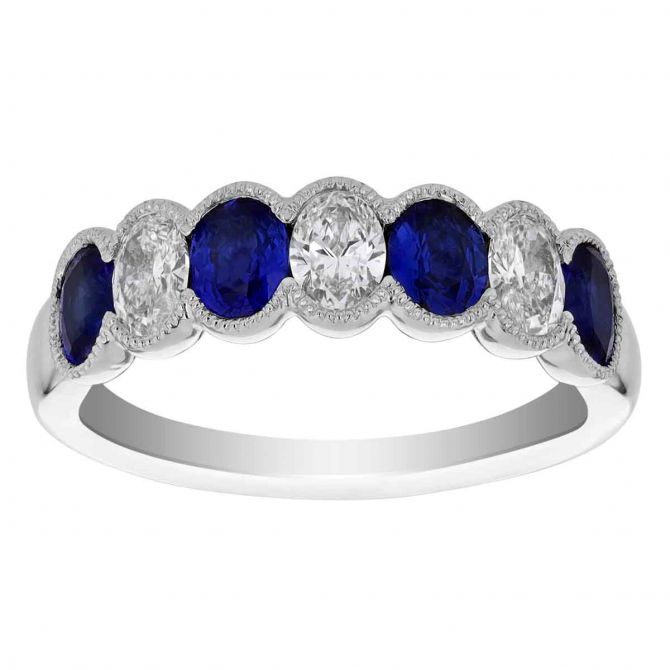 Oval Sapphire & Diamond Alternating Milgrain Demi Halo Ring in White Gold