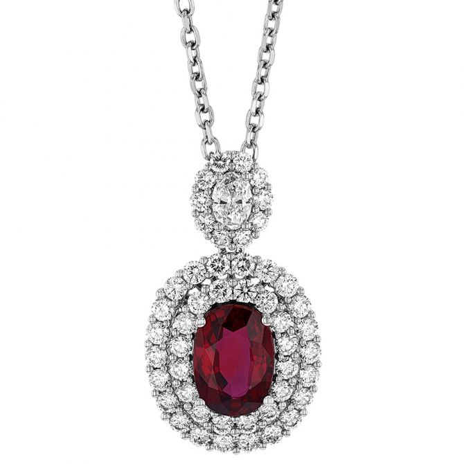 Oval Ruby & Diamond Double Halo Drop Pendant in Platinum, 16"