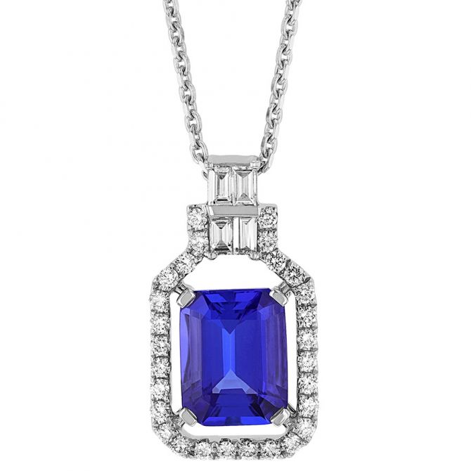 Emerald Cut Tanzanite Pendant with Open Diamond Halo & Mosaic Accent in White Gold, 16"