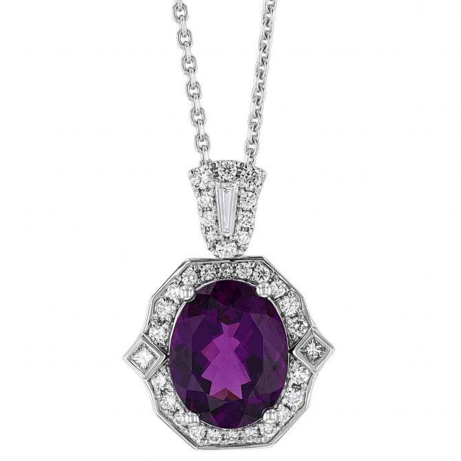 Oval Purple Garnet Pendant with Pointed Diamond Halo & Bail in White Gold, 16"