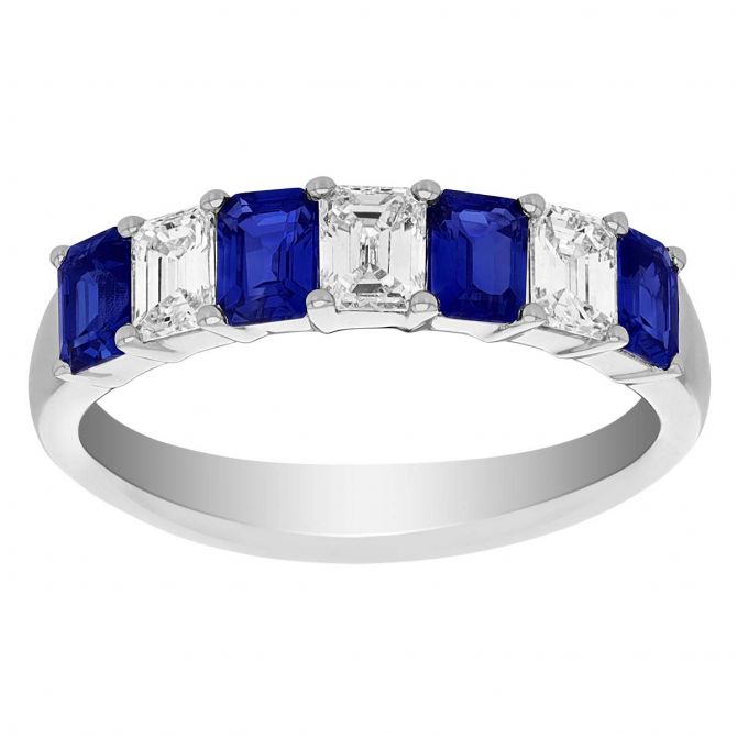 Emerald Cut Sapphire & Diamond Alternating Ring in White Gold