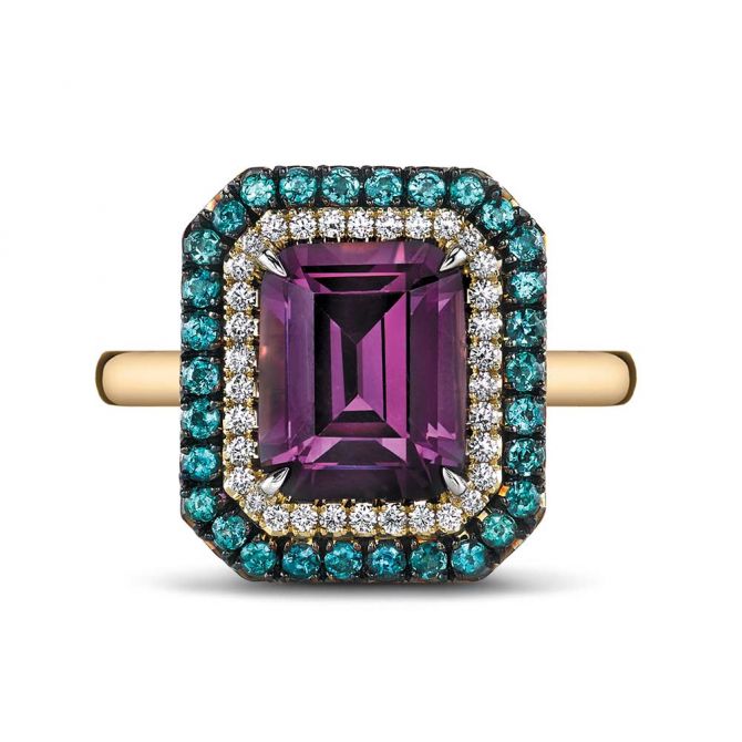 Omi Prive Emerald Cut Spinel Ring with Diamond & Alexandrite Double Halo in 18K Yellow Gold