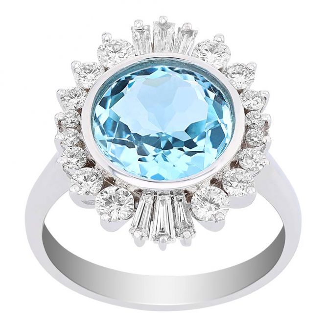 Doves Little Bird Round Blue Topaz Ring with Baguette & Round Diamond Halo in White Gold