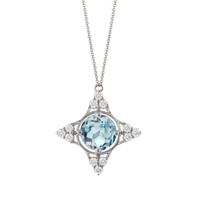 Doves Sky Blue Topaz & Diamond 4 Point Star Pendant in White Gold, 18"