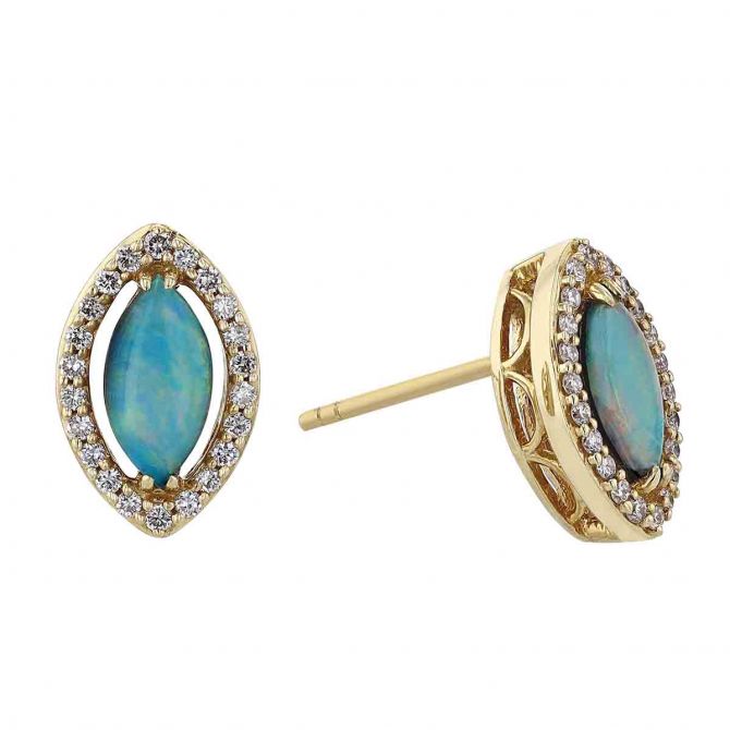 Opal & Diamond Halo Marquise Shaped Stud Earrings in Yellow Gold