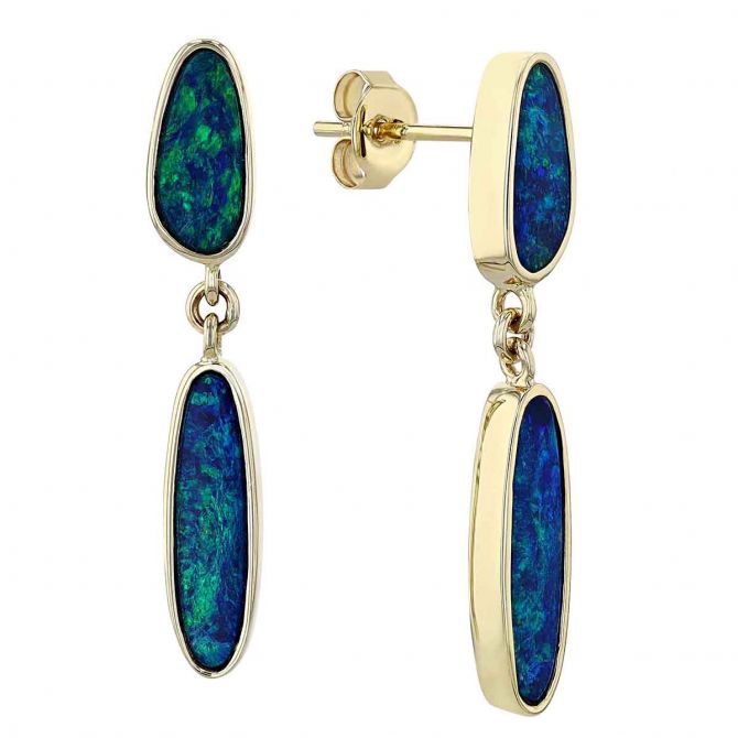 Opal Doublet Bezel Set Double Drop Post Back Earrings in Yellow Gold