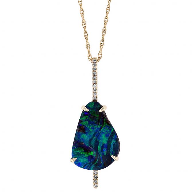 Pear Shaped Boulder Opal & Diamond Bar Pendant in Yellow Gold, 18"