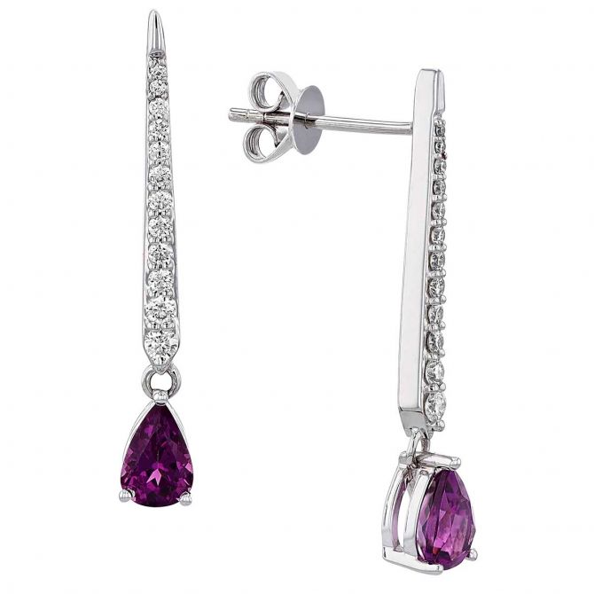 Pear Shaped Purple Garnet & Tapered Diamond Bar Drop Earrings in White Gold