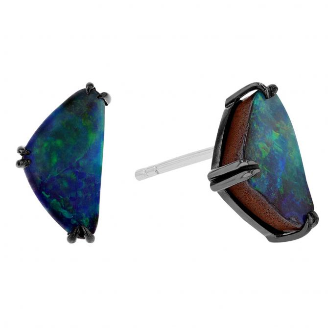 Boulder Opal Triangle Stud Earrings in Sterling Silver & Black Rhodium