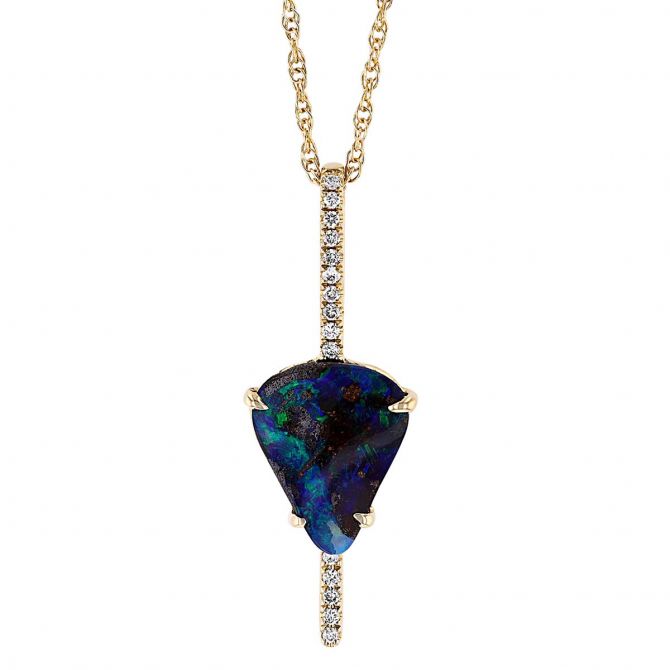 Upside-Down Pear Shaped Boulder Opal & Diamond Bar Pendant in Yellow Gold, 18"