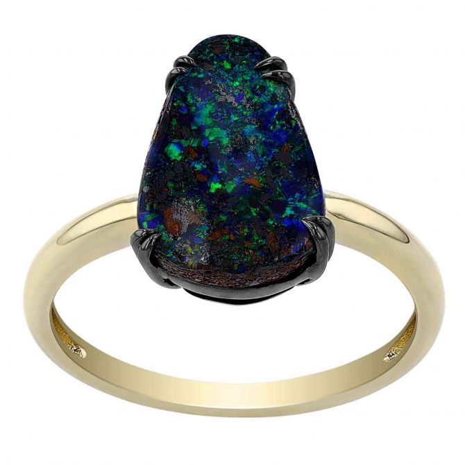 Boulder Opal Ring in Yellow Gold with Black Rhodium Prongs