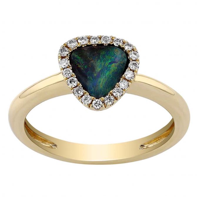 Boulder Opal & Diamond Halo Triangle Ring in Yellow Gold