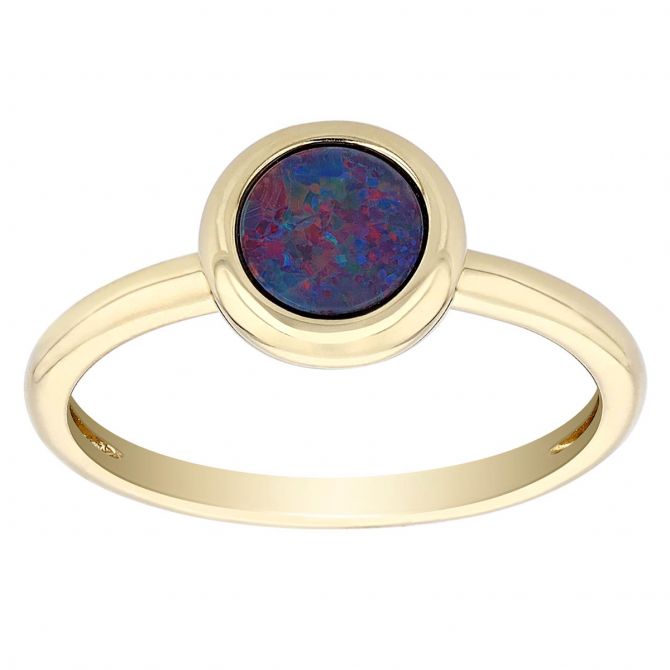 Round Opal Doublet Bezel Set Solitaire Ring in Yellow Gold