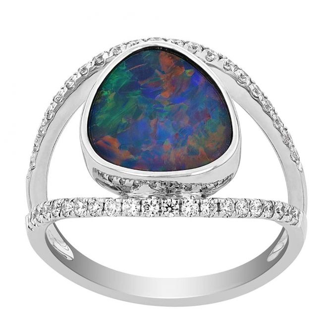 Opal Doublet Freeform Ring with Open 2 Row Diamond Shank in White Gold