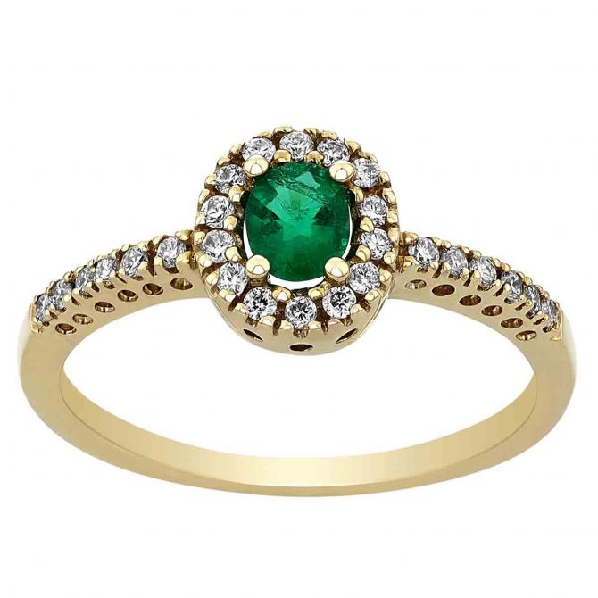 Oval Emerald Petite Ring with Diamond Halo & Side Stones in Yellow Gold