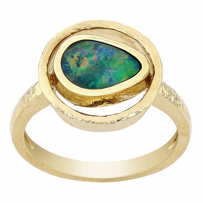 Opal Doublet Freeform Ring with Hammered Yellow Gold Open Halo