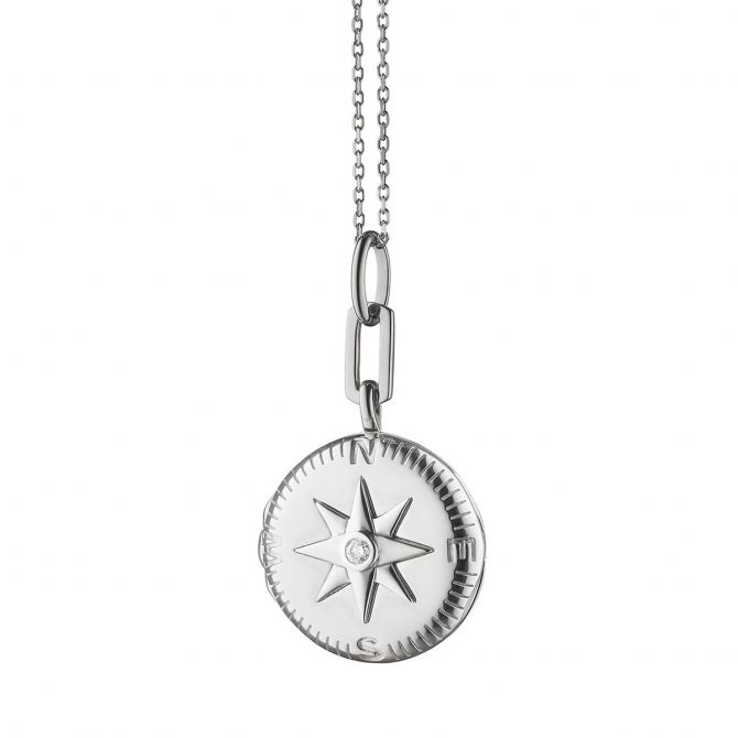 Monica Rich Kosann Adventure Compass Sterling Silver Locket with White Sapphire, 18"