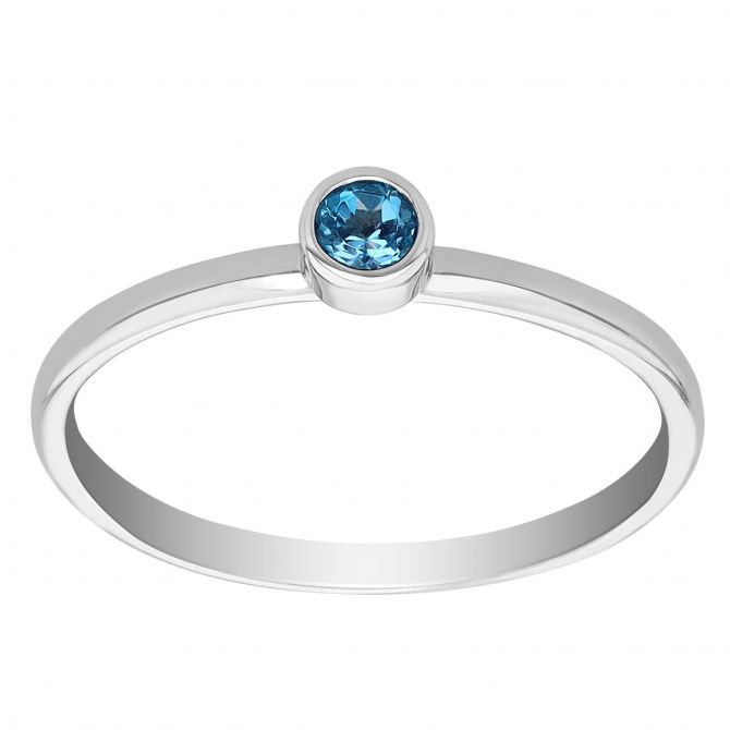 Blue Topaz Bezel Set Dainty Ring in White Gold