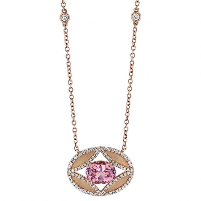 Oval Lotus Garnet Pendant with 4 Point Star Cutout & Diamonds in Rose Gold, 18"