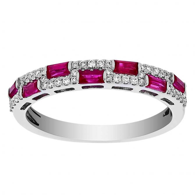 Ruby Baguette & Diamond Pavé Brick Pattern 2 Row Ring in White Gold