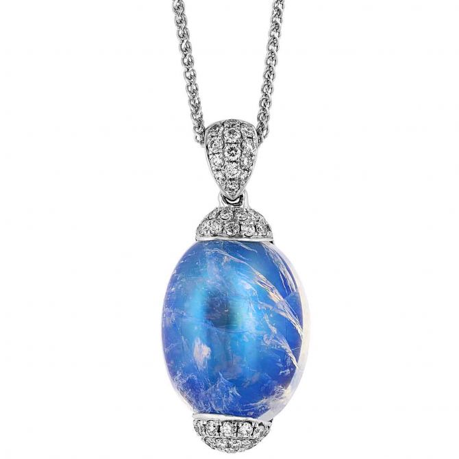 Oval Moonstone Cabochon & Diamond Pavé Cap Pendant in White Gold, 18"