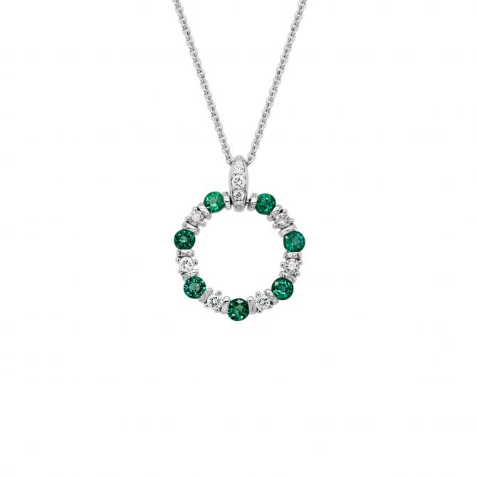 Emerald & Diamond Bar Set Open Circle Pendant in White Gold, 18"