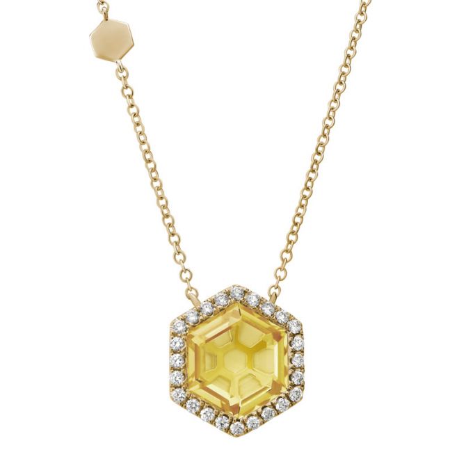 Hexagon Citrine & Diamond Halo Necklace in Yellow Gold