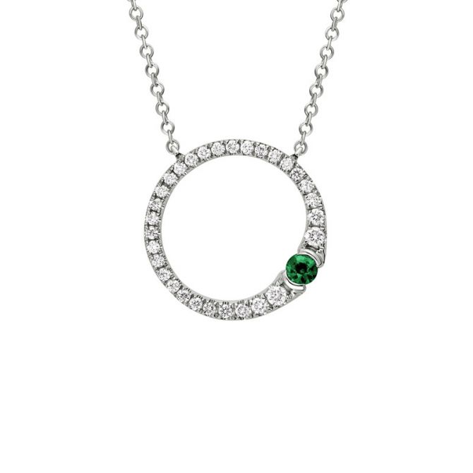 Emerald & Diamond Graduated Open Circle Pendant in White Gold, 18"