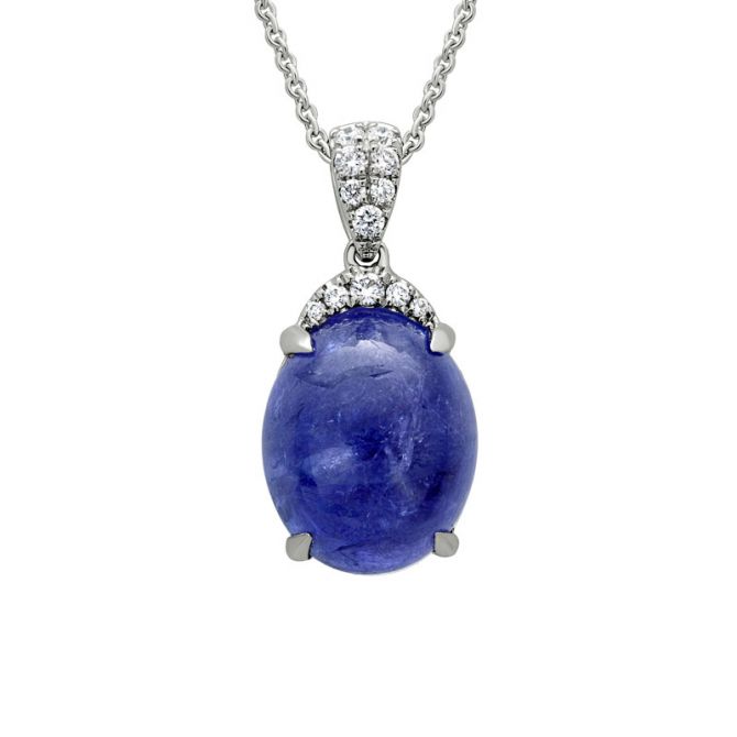 Oval Tanzanite Cabochon & Diamond Pendant in White Gold, 18"