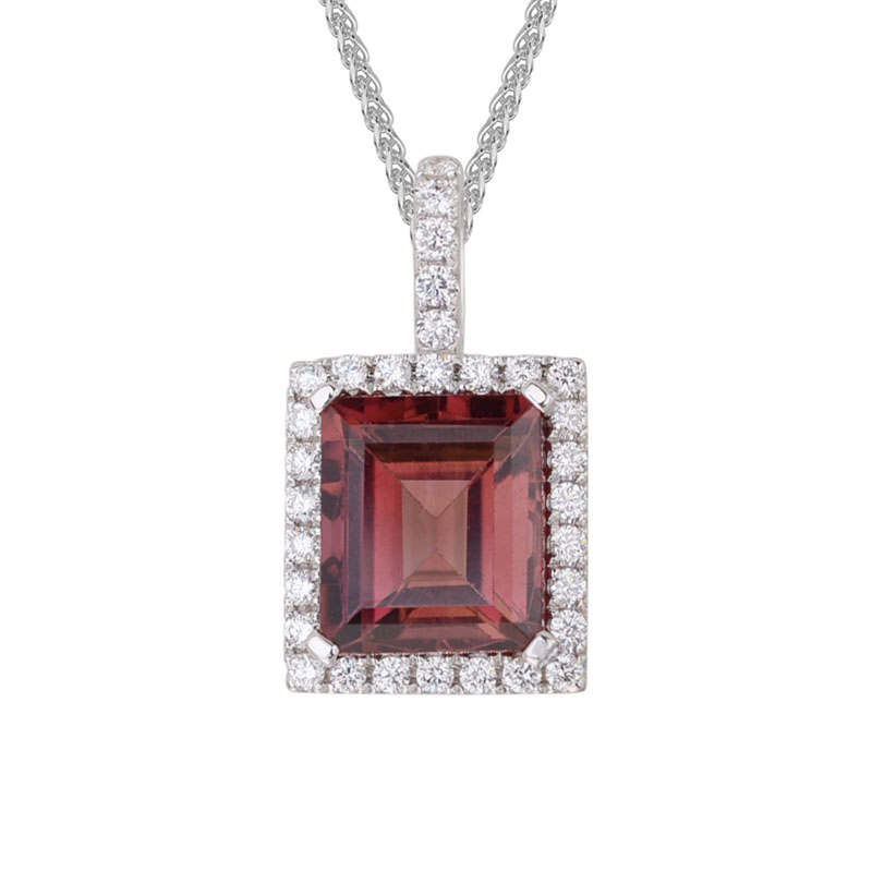 Pink Tourmaline Emerald Cut Pendant with Diamond Halo in White Gold, 18 ...