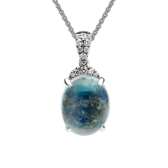 Oval Moonstone Cabochon & Diamond Pendant in White Gold, 18"