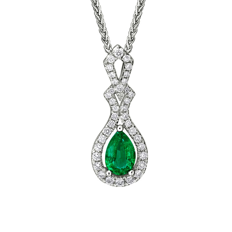 Pear Shaped Emerald & Diamond Embellished Halo Pendant in White Gold ...