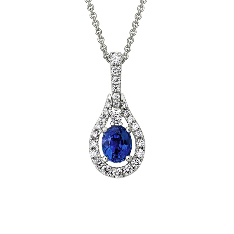 Oval Sapphire & Diamond Teardrop Halo Pendant in White Gold, 18 ...