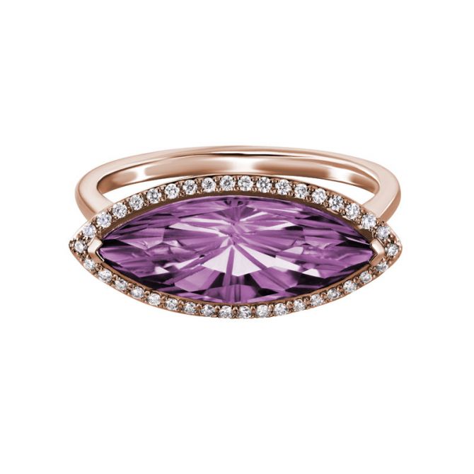 Marquise East-West Amethyst & Diamond Halo Cocktail Navette Ring in Rose Gold