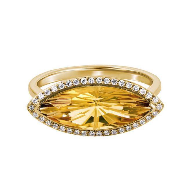 Marquise East-West Citrine & Diamond Halo Cocktail Navette Ring in Yellow Gold