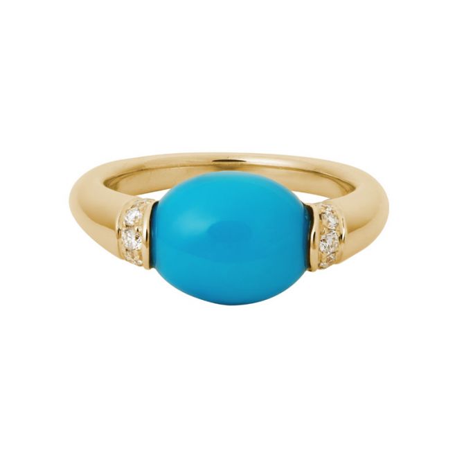 Oval Turquoise Cabochon Ring in Yellow Gold with Diamond Rondelles